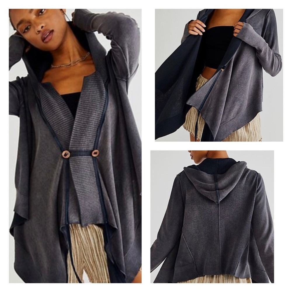 🚨Sale🚨!! NWT We The Free Tyler Drape Moto Cardi Gray Hooded Sweater Sz Sm